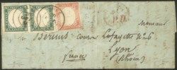 Antichi Stati Italiani - Sardegna - Letterina affrancata con coppia del 5 cent verde smeraldo grigiastro (13g) + 40 cent vermiglio rosa (16c)