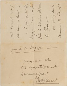 Jules Massenet - Lettera di tre facciate manoscritta e firmata