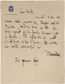 Benito Mussolini - Lettera autografa con firma di pugno