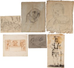 Lotto multiplo di cinque disegni e una stampa: