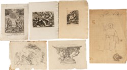 Lotto multiplo di tre stampe e tre disegni: