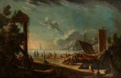 Scuola veneta del secolo XVIII - Capriccio con rovine, imbarcazioni e figure