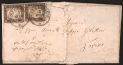 Antichi Stati Italiani - Sardegna - Lettera con coppia verticale c.10 bruno cioccolato scuro (14Af) da PONT CANAVESE 3 DIC.59