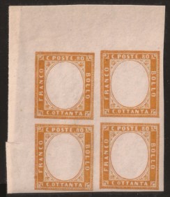 Antichi Stati Italiani - Sardegna - 1862 - Blocco di quattro esemplari c.80 arancio carico