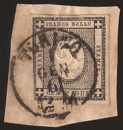 Antichi Stati Italiani - Sardegna - Frammento con c.2 nero (20) annullato TORINO 1 GEN.61