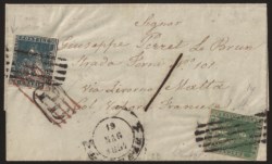 Antichi Stati Italiani - Toscana - Lettera per Malta con cr.4 verde + cr.6 azzurro vivo, difettoso (14 + 15a)