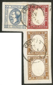 Regno - Vittorio Emanuele II - Frammento recante due esemplari 10 cent + 40 cent Sardegna (14E + 16D) + 15 cent (13)