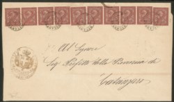 Regno - Vittorio Emanuele II - Due strisce di quattro + due esemplari singoli del 2 cent (T15)