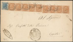 Regno - Vittorio Emanuele II - Striscia di quattro più striscia di cinque del 10 cent mista DLR e Torino (L17/T17) + 20 cent Bigola (28)