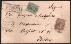 Regno - Umberto I - Affrancatura mista due Re, busta raccomandata da TORINO 6.10.84