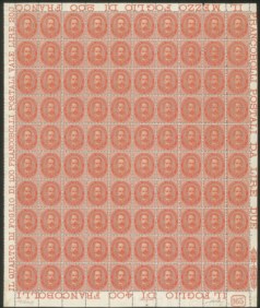 Regno - Umberto I - 1879 - Splendido foglio intero di 100 esemplari del 2 lire Umberto (43)