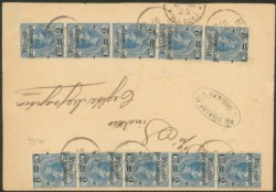 Regno - Umberto I - Plico affrancato fronte retro con due strisce di cinque del 2 cent su 20 Valevole per le Stampe (51)