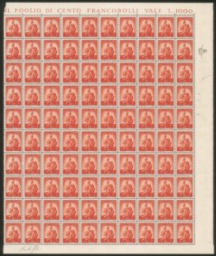 Italia - Repubblica - 1947 - Bellissimo foglio di 100 esemplari del 10 lire Democratica (559)