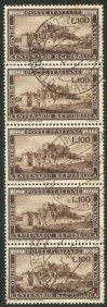 Italia - Repubblica - 1949 - Striscia di cinque del 100 lire Romana (600)