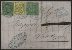 Antichi Stati Italiani - Modena - Lettera con affrancatura a bandiera c.15 giallo + due esemplari c.5 verde (3+7)