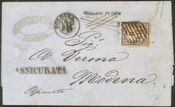 Antichi Stati Italiani - Romagne - Assicurata affrancata con 8 bai rosa (8) più un 5 bai violetto al retro (6)