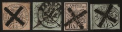 Antichi Stati Italiani - Stato pontificio - 1852 - Lotto di quattro esemplari obliterati con muto a croce di Ferrara (2, 2B, 5 e 6)