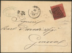 Antichi Stati Italiani - Stato pontificio - Lettera per Genova affrancata con 20 cent rosso bruno (27c cat.3000)