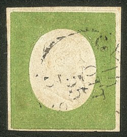 Antichi Stati Italiani - Sardegna - 1854 - 5 cent verde giallo con doppia impronta a secco (7f cat.3500)