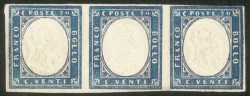 Antichi Stati Italiani - Sardegna - 1860 - striscia orizzontale di tre 20 cent azzurro (15Ca)