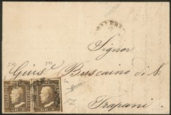 Antichi Stati Italiani - Sicilia - Lettera affrancata con 1 grano bruno ruggine I tavola pos.43 + 1 grano bruno ruggine intenso I tavola pos.90 (3 + 3a cat.17500)
