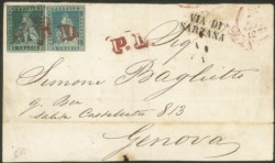 Antichi Stati Italiani - Toscana - Frontespizio di lettera affrancato con 2 crazie azzurro chiaro su grigio + 4 crazie verde su grigio (5+6 cat.1250)