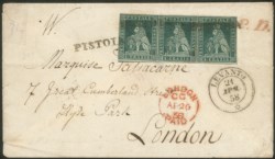 Antichi Stati Italiani - Toscana - Pistoia (p.ti 11) ripetuto tre volte su striscia orizzontale di tre del 4 crazie verde azzurro su azzurro (6a)