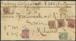 Regno - Umberto I - Frontespizio di busta telata affrancato per 8,15 lire e assicurato per 300 lire diretto a Milano