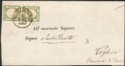 Antichi Stati Italiani - Napoli - Lettera affrancata con coppia verticale del 1/2 tornese verde oliva (17b cat.7000)
