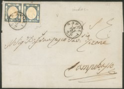 Antichi Stati Italiani - Province Napoletane - Lettera affrancata con coppia orizzontale del 2 grana indaco chiaro