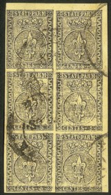 Antichi Stati Italiani - Parma - 1852 - Blocco di sei usato del 5 cent verdino (1b)