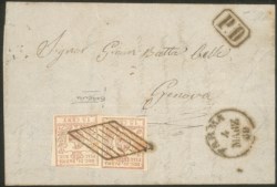 Antichi Stati Italiani - Parma - Lettera da Parma 4 Marzo 59 per Genova con coppia 15 cent vermiglio (9)