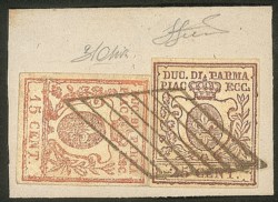 Antichi Stati Italiani - Parma - Frammento con terza emissione 15 cent vermiglio + 25 cent bruno (9 + 10)