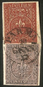 Antichi Stati Italiani - Parma - Miste di Emissioni diverse  - Frammento con 15 cent rosa + 25 cent rosso bruno (3 + 8)