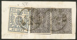 Antichi Stati Italiani - Parma - Miste di Emissioni diverse  - Frammento con due esemplari  10 cent bianco + 40 cent azzurro (2 + 11)