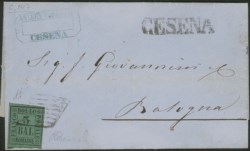 Antichi Stati Italiani - Romagne - 3 bai (4) isolato su lettera da Cesena a Bologna del 9.11.1859
