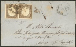 Antichi Stati Italiani - Sardegna - Lettera affrancata con Sardegna coppia del 10 cent bruno olivastro (14B)