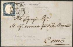 Antichi Stati Italiani - Sardegna - Da Lenno a Como il 27 marzo 1861 con 20 cent. (Sass. 15Ca)