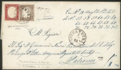 Antichi Stati Italiani - Sardegna - fresca lettera con 10 cent bruno tenue + 40 cent rosso carminio (14Ch + 16D)