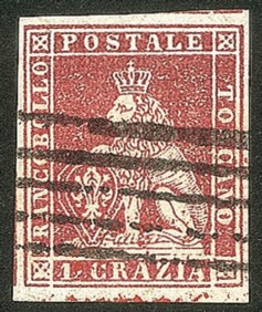 Antichi Stati Italiani - Toscana - Difetti di cliché - 1851 - 1 crazia carminio bruno su grigio (4e)