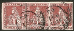 Antichi Stati Italiani - Toscana - Difetti di cliché - 1851 - Splendida striscia di tre del 1 crazia carminio chiaro (4)