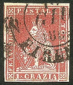 Antichi Stati Italiani - Toscana - Difetti di cliché - 1851 - Bell'esemplare del 1 crazia carminio su grigio (4d - Pos. 52)