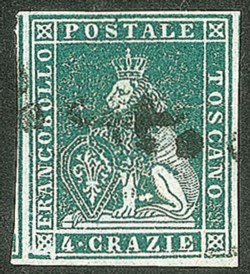 Antichi Stati Italiani - Toscana - Difetti di cliché - 1851 - Esemplare ben marginato del 4 crazie verde su grigio (6)