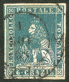 Antichi Stati Italiani - Toscana - Difetti di cliché - 1857 - Bellissimo esemplare del 4 crazie azzurro cupo (15b)
