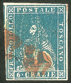 Antichi Stati Italiani - Toscana - Difetti di cliché - 1857 - Bell'esemplare del 6 crazie azzurro chiaro (15)