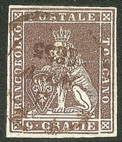 Antichi Stati Italiani - Toscana - Difetti di cliché - 1851 - Bellissimo esemplare con grandi margini del 9 crazie viola bruno