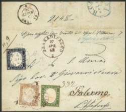 Regno - Vittorio Emanuele II - Lettera da Serra di Falco in rosso (p. 10) Palermo con 5 cent. verde olivastro (Sass. 13Dc) e 10 cent. bruno chiaro (Sass. 14Cm)