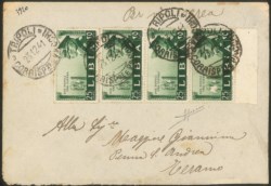 Colonie - Libia - Striscia di quattro del 25 cent Fratellanza (174) su busta da Tripoli a Teramo del 23.12.41