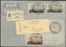 Colonie - Tripolitania - Roma Mogadiscio 25 cent + 50 cent + 80 cent (47/48+50) su aerogramma raccomandato da Tripoli a Agedabia del 18.12.34