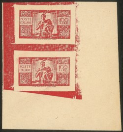 Italia - Repubblica - Falsi di Bueons Aires - 1950 - Falsi di Buenos Aires - coppia angolo di foglio del 100 lire Democratica (F565A)